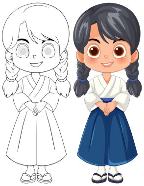 Saçları örgülü ve geleneksel elbisesi olan gülümseyen kız.