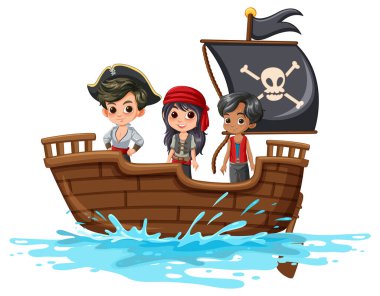 Bir gemide korsan gibi giyinmiş üç çocuk.