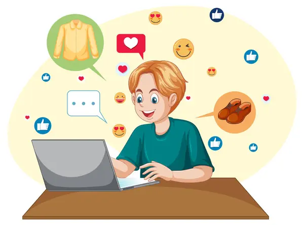 stock vector Person shopping online with social media reactions