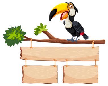 Toucan perched on branch with wooden signs clipart