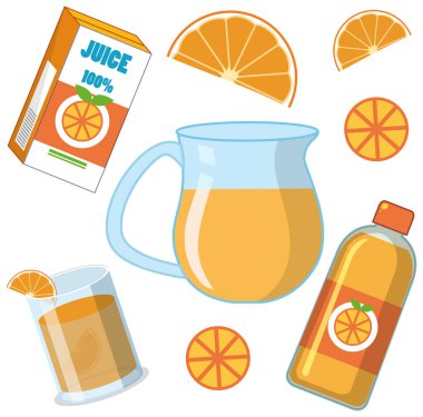 Çeşitli portakal suyu kapları ve dilimler.