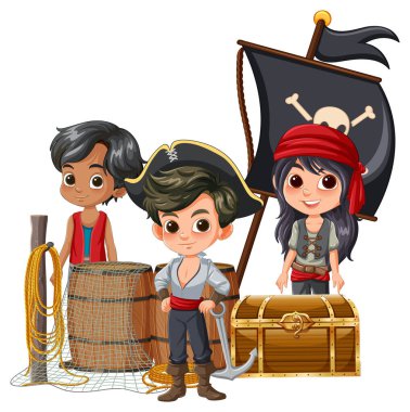 Hazine sahibi korsanlar gibi giyinmiş üç çocuk.