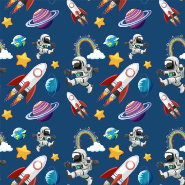 Astronotlar, roketler, gezegenler ve uzaydaki yıldızlar