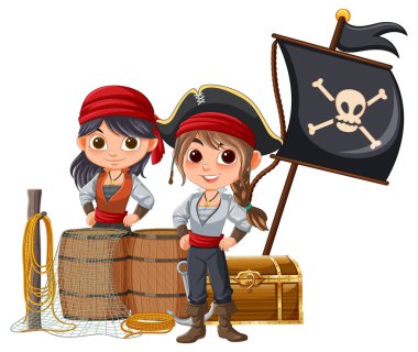 Korsanlar gibi giyinmiş iki çocuk.