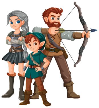 Ortaçağ savaşçısı kılığında üç karakter.