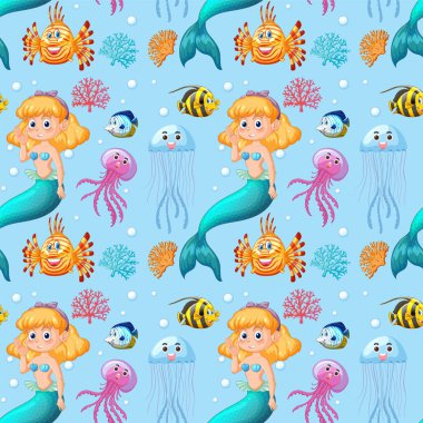 Colorful marine life with mermaids and sea creatures clipart