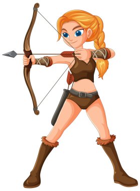 Sarışın kadın ok ve yay doğrultuyor.