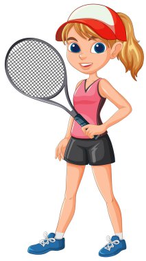 Tenis raketi tutan, spor kıyafeti giyen bir kız.
