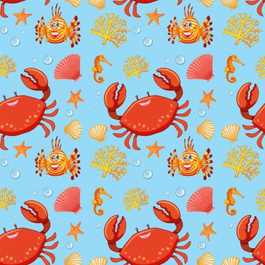 Mavi arka planda renkli deniz canlıları ve deniz kabukları