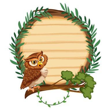 Owl perched on branch with leafy frame clipart