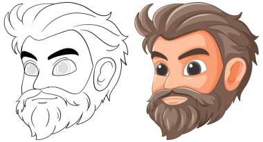 Side-by-side colored and outline bearded man clipart