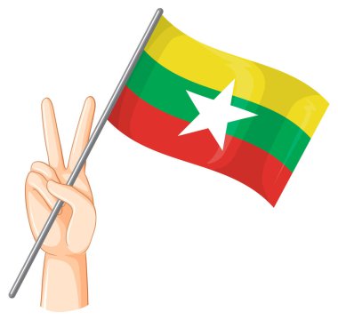 Myanmar bayrağını barış işaretiyle tutan el.