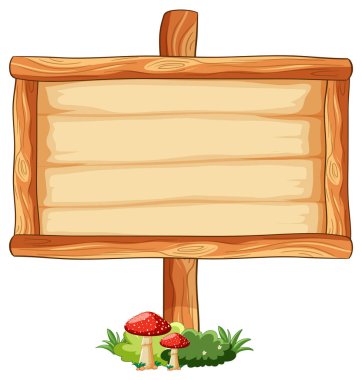 Mantarlı ve otlu boş tahta tabela.