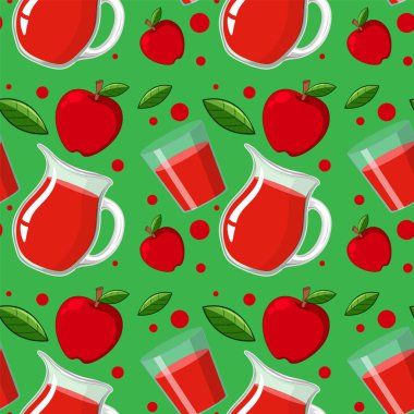 Elmalar, meyve suyu sürahileri ve yeşil arka planda yapraklar.