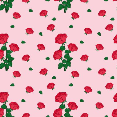 Pembe arka planda yeşil yapraklı kırmızı güller