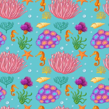 Seamless pattern with vibrant sea creatures and plants clipart