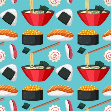 Çeşitli Japon yemeklerinin renkli çizimi