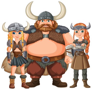 Geleneksel giyinmiş üç Viking savaşçısı