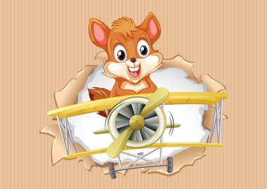 Sarı oyuncak uçağı uçuran mutlu bir sincap.