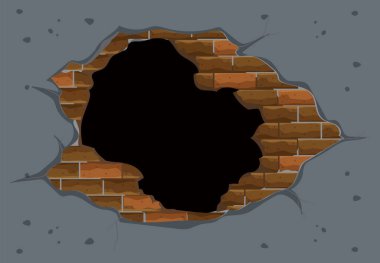 A broken wall with exposed bricks and hole clipart