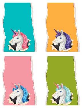 Four unicorns with vibrant backgrounds and torn edges clipart