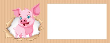 Happy pig peeking through torn paper frame clipart