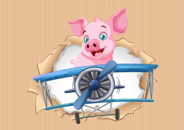 A cheerful pig flying a vintage airplane clipart