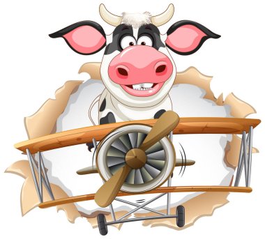 Eski bir uçağı uçuran bir çizgi film ineği.