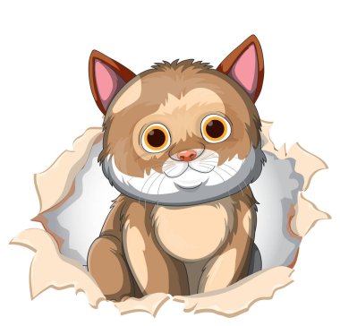 Sevimli kedi yırtık bir kağıt deliğinden dikizliyor.