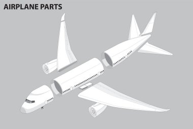 Parçalanmış uçak bileşenlerinin vektör illüstrasyonu