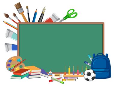 Yeşil karatahtayı çevreleyen okul malzemeleri