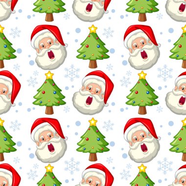 Noel Baba yüzleri ve süslü Noel ağaçları deseni