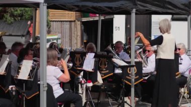 Bir orkestra şefiyle pirinç enstrüman çalan müzisyenler.