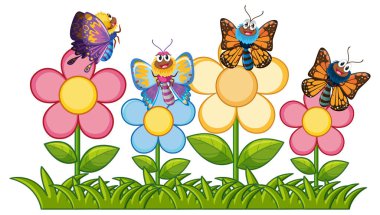 Neşeli kelebekler parlak çiçekler arasında çırpınıyor.