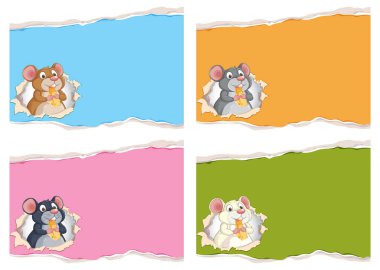 Renkli arka planlarda peynir tutan dört fare.