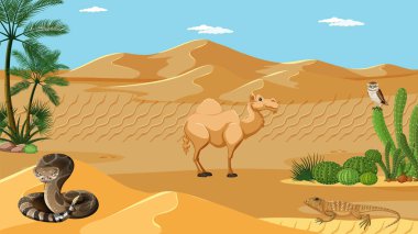 Desert scene with camel, snake, and plants clipart