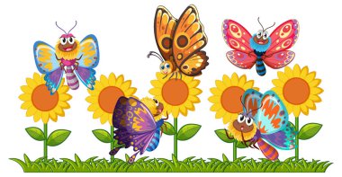 Neşeli ayçiçeklerinin etrafında uçuşan canlı kelebekler.