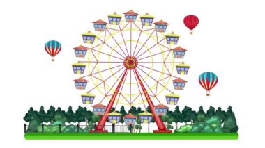 Renkli dönme dolap, balonlar yükseldikçe dönüyor.