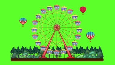 Canlı bir eğlence parkının üzerinde renkli balonlar yükseliyor..
