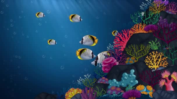Animated tropical fish swimming among vibrant coral.