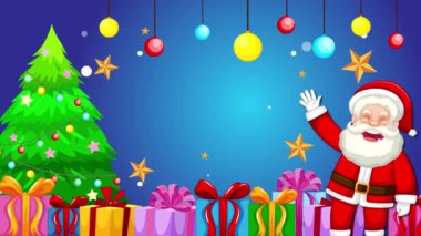 Noel Baba parıldayan Noel ağacının yanında el sallıyor.