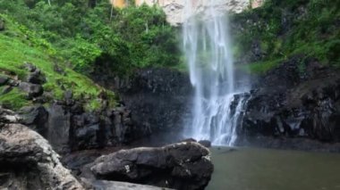 Şelale, gür ormanlarda kayalık kayalıklardan aşağı dökülüyor.