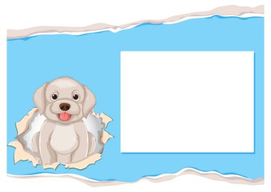 Sevimli köpek yavrusu yırtık bir kağıt çerçeveye bakıyor.