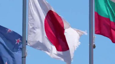 Japonca ve diğer bayraklar rüzgarda sallanıyor