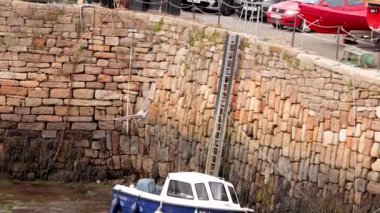 Fife Limanı 'nda teknelerin üzerinde uçan martılar.