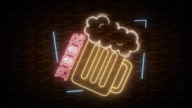Tuğla duvarda yanıp sönen neon bira tabelası.