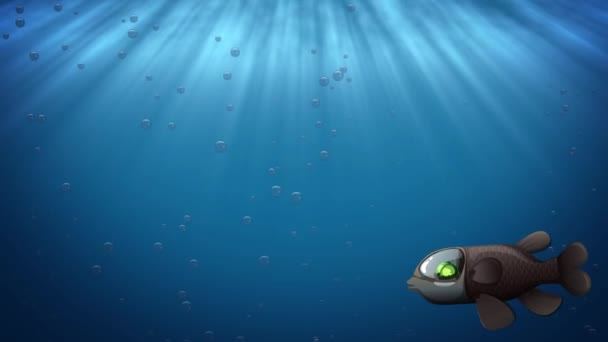 Cartoon fish swims across the deep blue sea