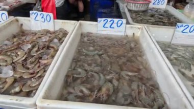 Pazarda satışa sunulan çeşitli deniz ürünleri