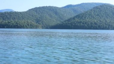 Arka planda ormanlı dağlar olan sakin bir su