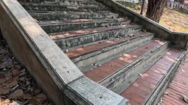 Yaprak saçılmış bir merdivenden aşağı doğru ilerleme.